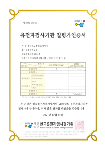 한국유전자검사평가원 - 유전자검사기관 질평가인증서
